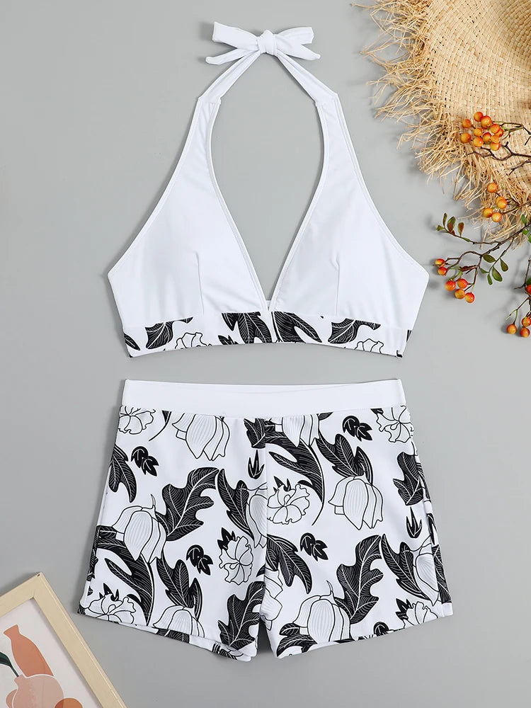 2 Piece Halter Bikini Set Shorts Swimsuit High Waist Swimwear Female Printed Bathers Swimming Bathing Swim Suit Beachwear - The Clothing Company Sydney