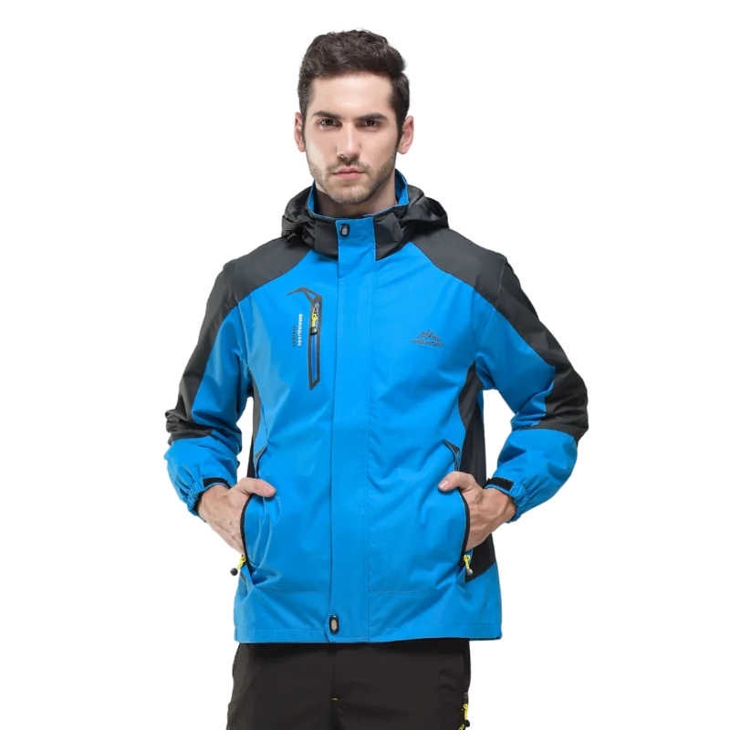 Men's outdoor hiking jacket by The Clothing Company Sydney, showcasing durable waterproof fabric and adjustable hood for camping.