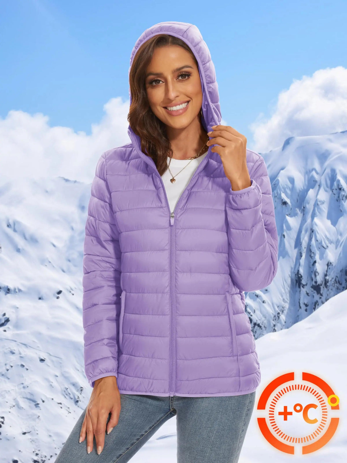 Warm puffer hooded women's quilted jacket with full zip, multiple pockets, waterproof winter coat by The Clothing Company Sydney