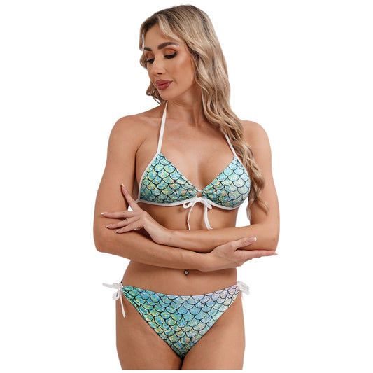 Women's Mermaid Print Swimsuit Bikini Bathing Suit Halter Sponge Pad Bra and Drawstring Briefs Beach Pool Surfing Swimwear - The Clothing Company Sydney