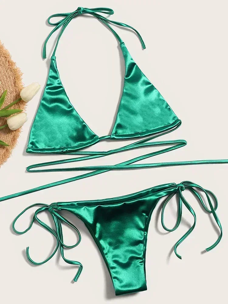 Two-piece Brazilian metallic satin bikini set with halter top and high-cut bottoms, perfect for beachwear by The Clothing Company Sydney