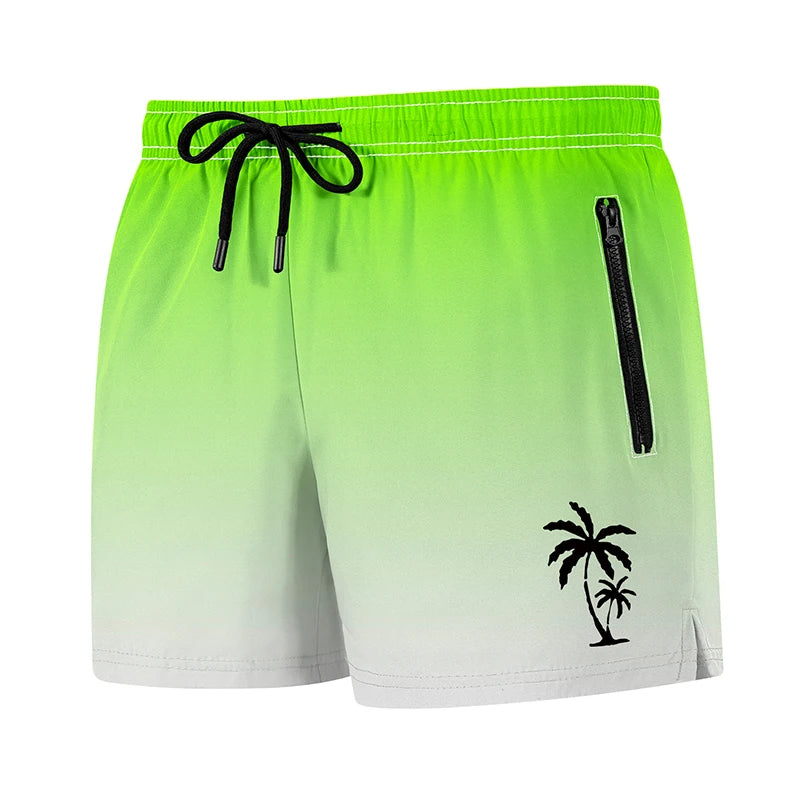 Men's palm tree print board shorts from The Clothing Company Sydney, featuring quick-dry fabric, mesh liner, and zipper pockets.