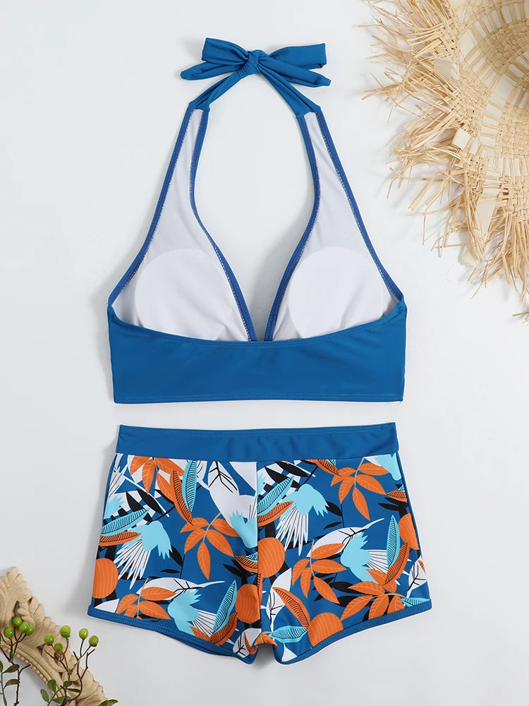 2 Piece Halter Bikini Set Shorts Swimsuit High Waist Swimwear Female Printed Bathers Swimming Bathing Swim Suit Beachwear - The Clothing Company Sydney