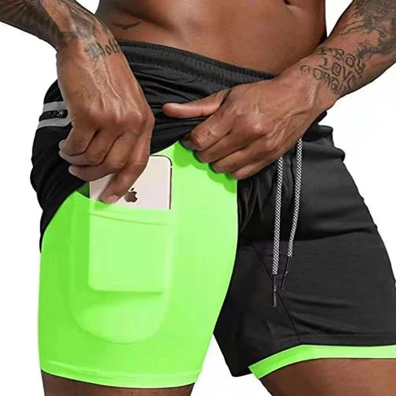 Men’s 2-in-1 running shorts from The Clothing Company Sydney with double-layer design for gym training and beach sports.
