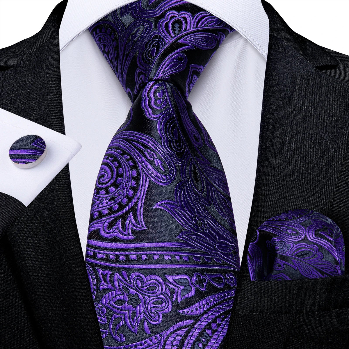 Luxury purple paisley silk tie set for men, including accessories from The Clothing Company Sydney, featuring an 8cm-wide tie.