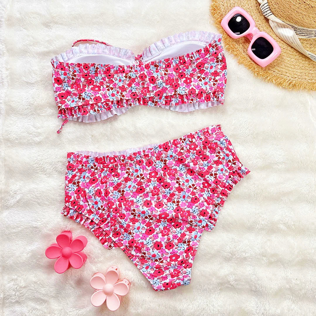 Floral print bandeau high waist bikini swimsuit for women, two-piece swimwear by The Clothing Company Sydney, with colorful floral design.