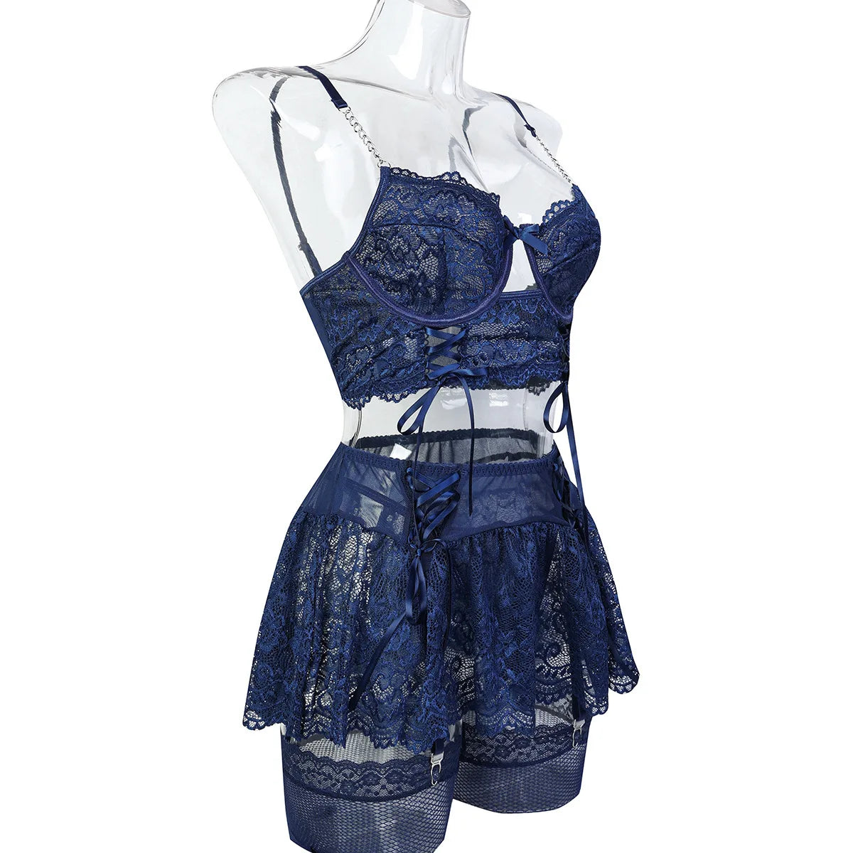 Elegant 5-piece women's lingerie set with lace G-string and skirt, featuring Brazilian underwear style from The Clothing Company Sydney.