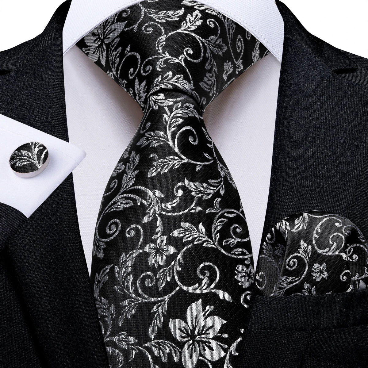 Men's gray paisley silk tie set with matching pocket square and cufflinks, stylish wedding accessory by The Clothing Company Sydney.