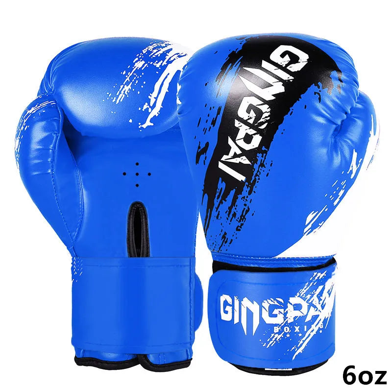 Adult and kid boxing Muay Thai gloves, adjustable training sparring mitts in black, red and blue