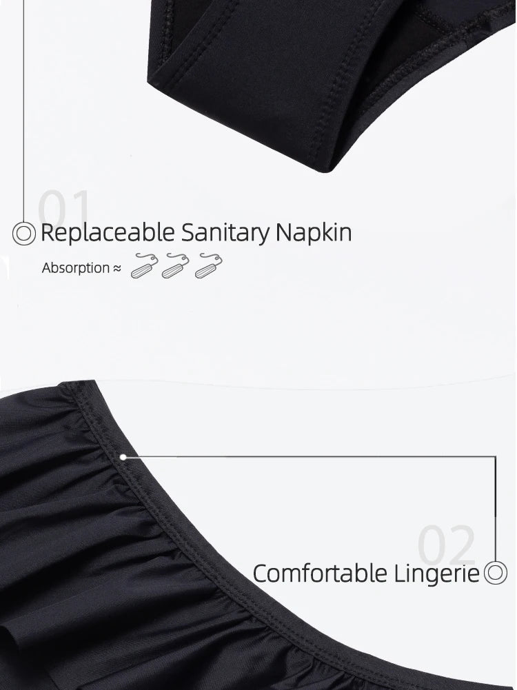 Women's washable menstrual swimsuit bikini with built-in absorbent layer, designed for comfortable use during periods.