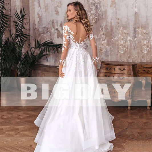 Elegant A-Line Customised Wedding Dress Women Open Back V-Neck Lace Long Sleeve Side Split Tulle Bridal Gow The Clothing Company Sydney
