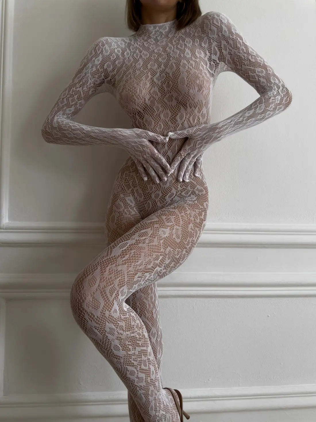 Backless sheer long sleeve jumpsuit by The Clothing Company Sydney, revealing adult doll-inspired cosplay lingerie outfit.