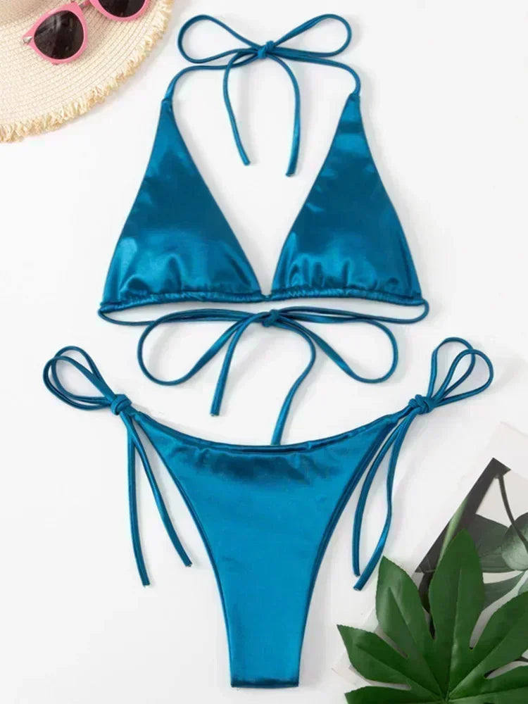 Two-piece Brazilian metallic satin swimsuit with halter top and high-cut bottoms, ideal for beachwear by The Clothing Company Sydney.