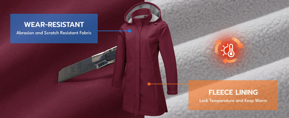 Womens fleece-lined windproof softshell jacket with hood, raincoat, and outdoor windbreaker features by The Clothing Company Sydney.