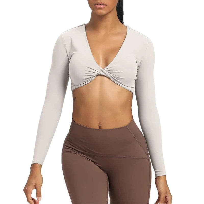 Long Sleeve Gym Crop Tops for Women Twist Deep V Workout Crop T Shirt Top Quick Dry Padded Sports Fitness Yoga Top The Clothing Company Sydney