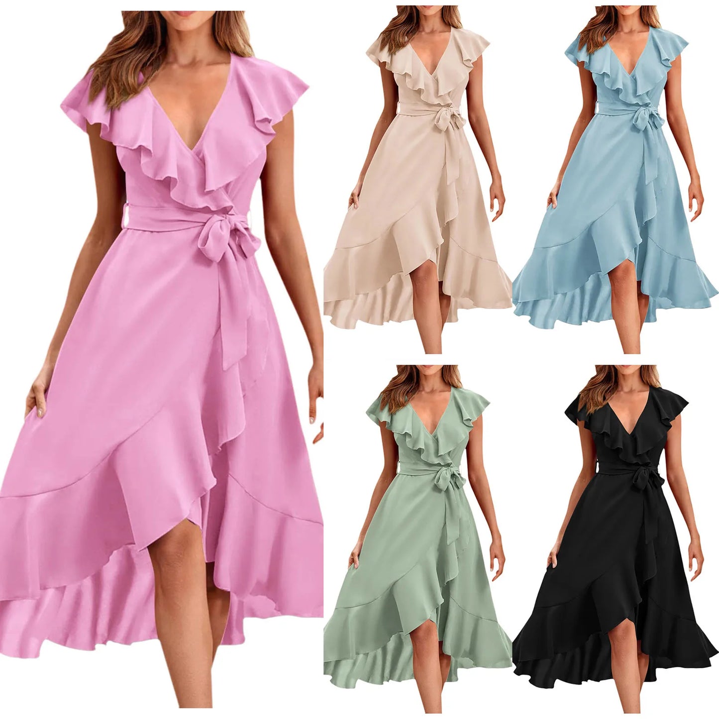 Women's Boho Dress Ruffled Deep V Neck Irregular Long Dress Belted Short Sleeve Wrapped Double Layer Casual Beach Sundress - The Clothing Company Sydney
