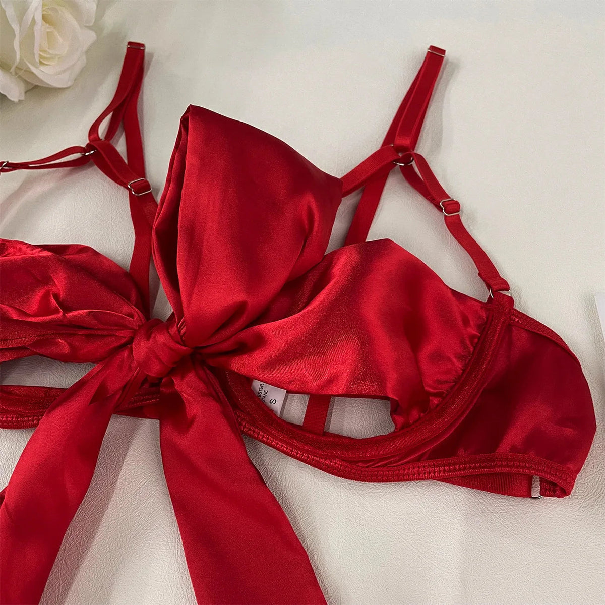 Bowknot Lingerie Open Bra Lace Up Underwear 3-Piece Satin Outfit Set The Clothing Company Sydney