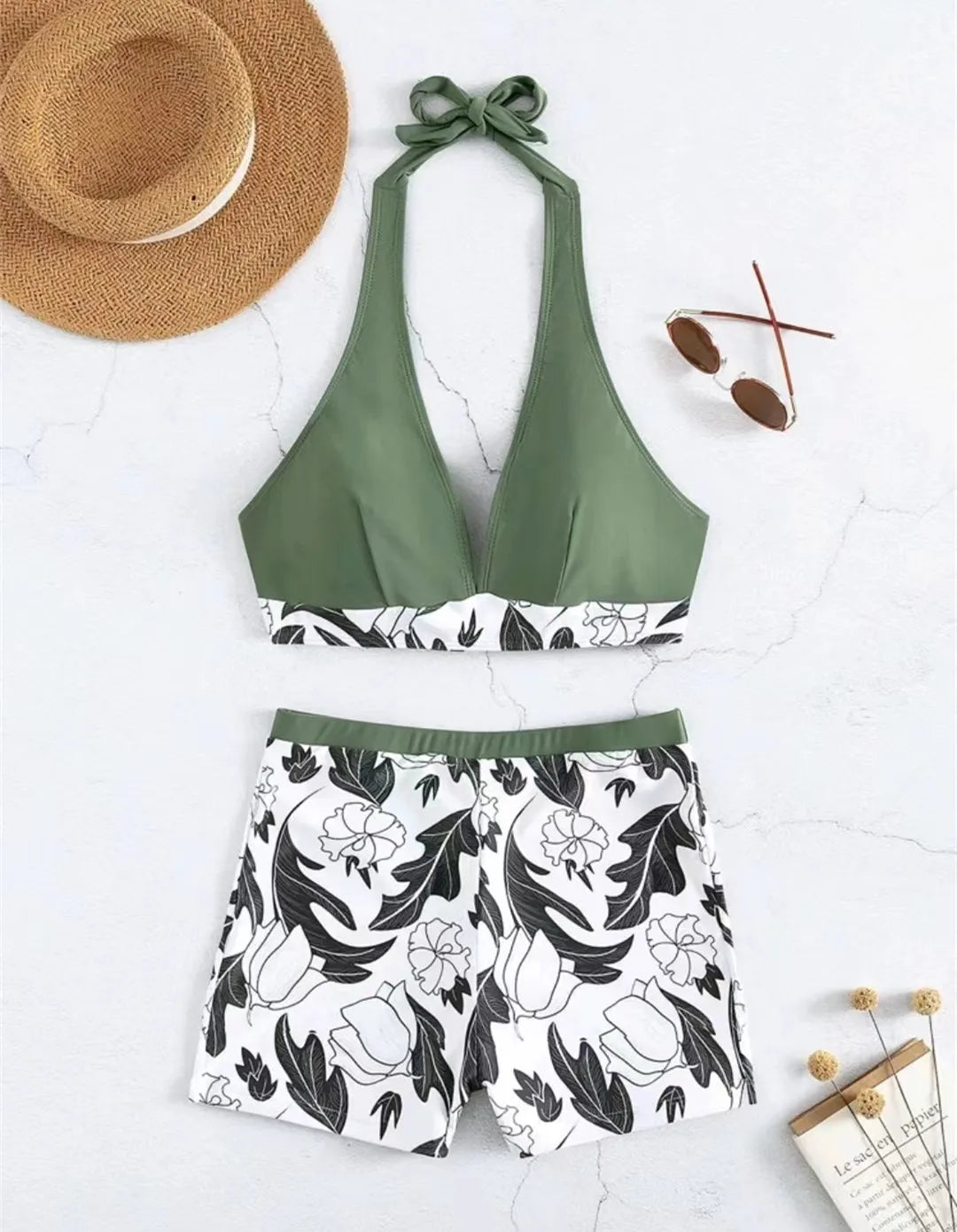 2 Piece Halter Bikini Set Shorts Swimsuit High Waist Swimwear Female Printed Bathers Swimming Bathing Swim Suit Beachwear - The Clothing Company Sydney
