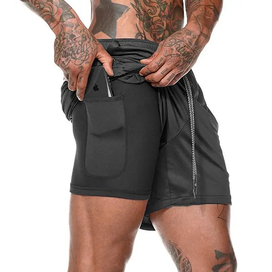 Men’s 2-in-1 running shorts by The Clothing Company Sydney featuring double-layer design for gym training and beach sports.