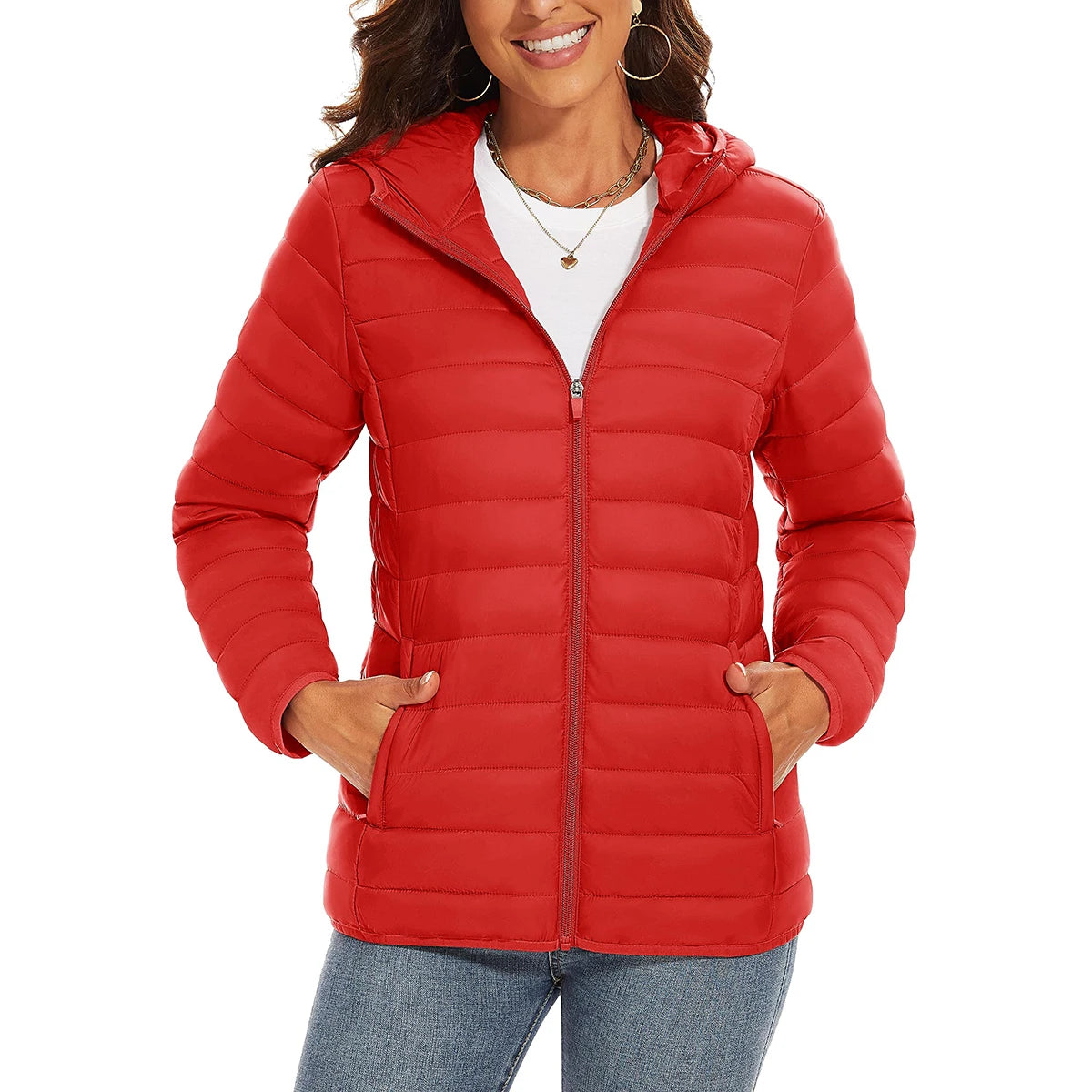 Warm puffer hooded women's quilted jacket by The Clothing Company Sydney with multi-pocket design, waterproof, lightweight winter coat