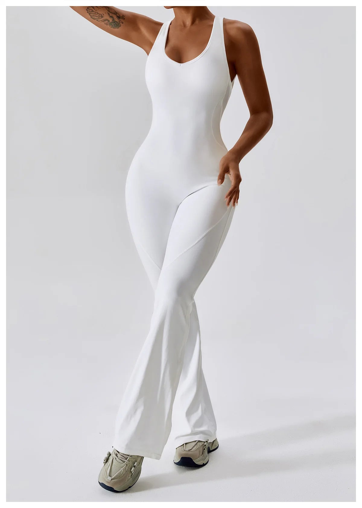 Open back V jumpsuit from The Clothing Company Sydney, stretch yoga and fitness bodysuit, suitable for training and workouts.