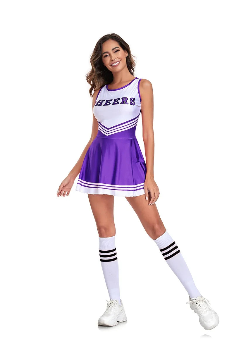 Women’s cheerleader costume set with sports uniform style, featuring a cheerleader top and skirt, perfect for Halloween or cosplay.