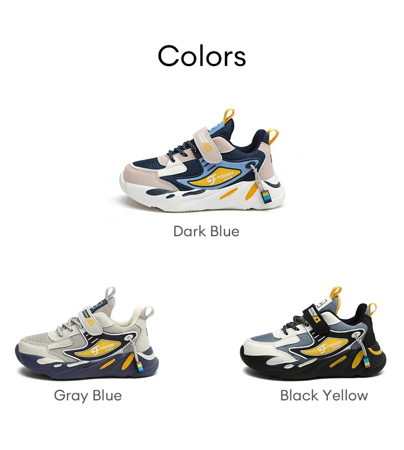 Boys' breathable mesh sneakers with non-slip soles, lightweight kids sports shoes from The Clothing Company Sydney, with hook and loop closure.