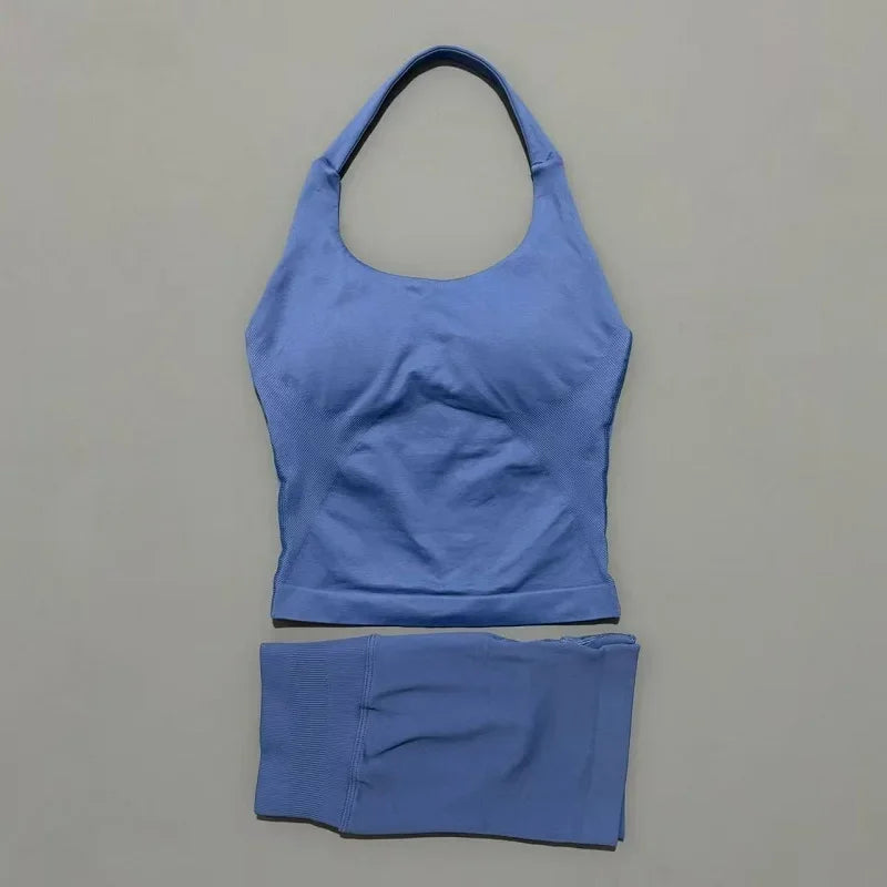 2 Piece Sports Halter Top Strappy Bra Shorts Matching Set Seamless Yoga Gym Running Fitness Shorts Suit