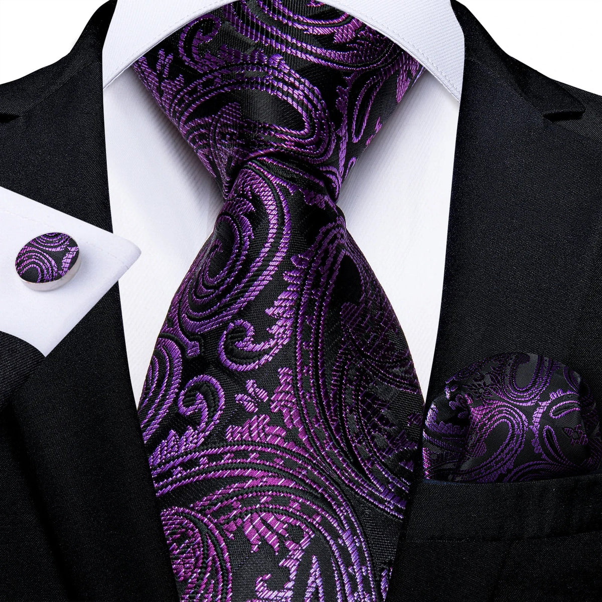 Luxury purple paisley silk tie set for men, 8cm wide, from The Clothing Company Sydney, featuring elegant accessories.