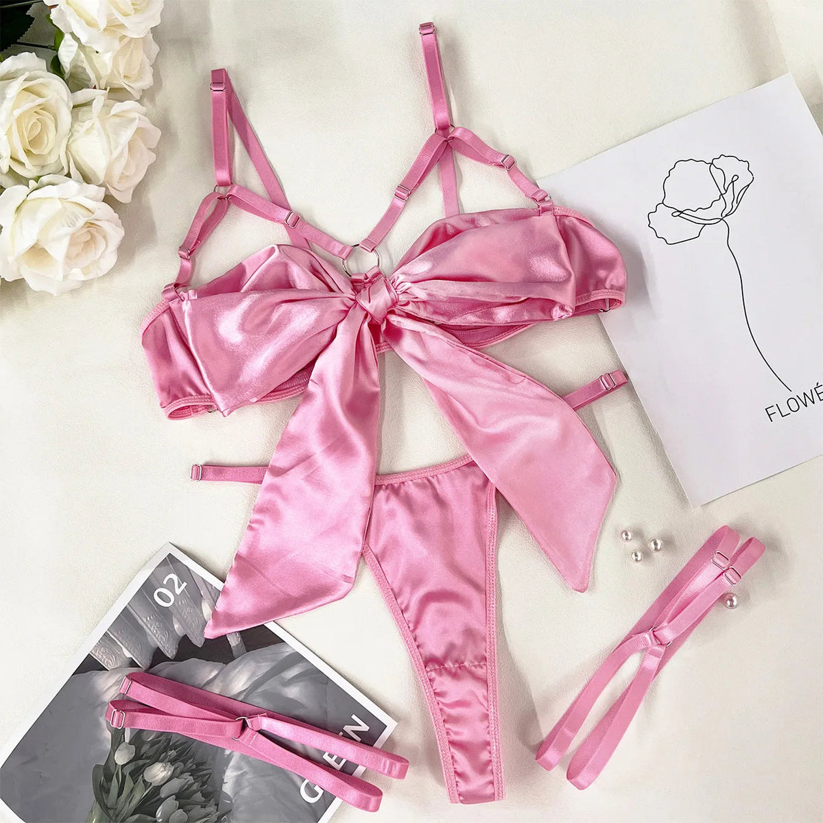 Bowknot Lingerie Open Bra Lace Up Underwear 3-Piece Satin Outfit Set The Clothing Company Sydney