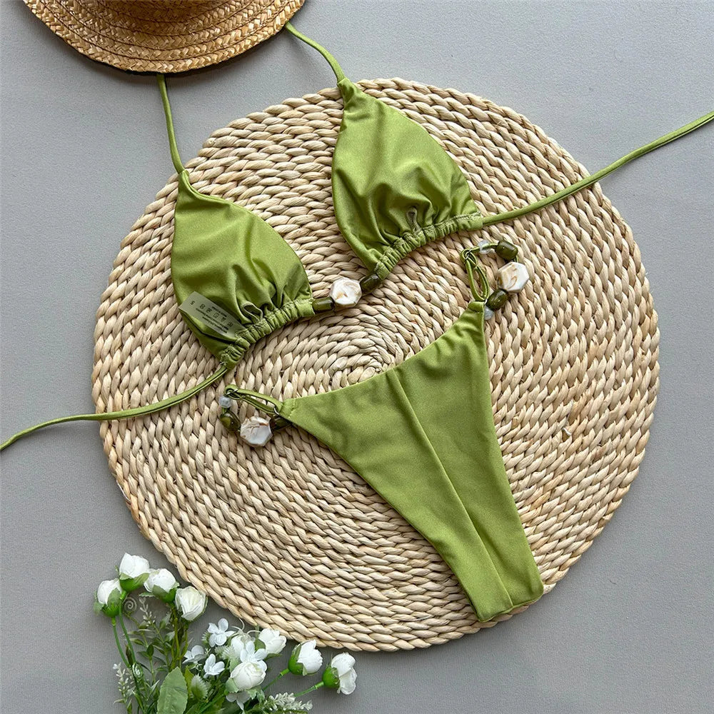 2 Piece Green Swimwear Halter Triangle Bead String Bikini Mini Micro Thong Swimsuit Summer Brazilian Bikinis Sets The Clothing Company Sydney