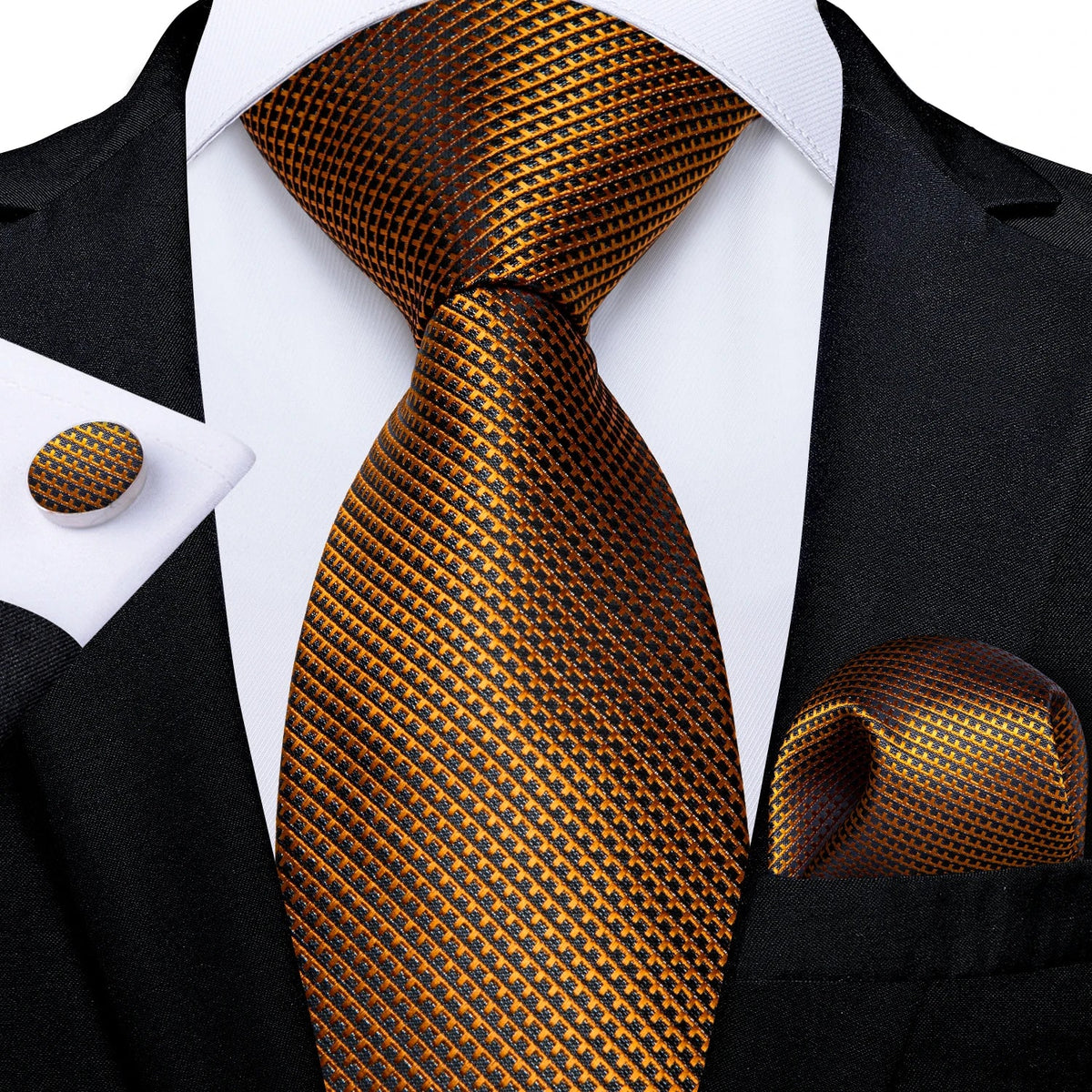 Luxury black and gold paisley silk tie set by The Clothing Company Sydney, includes necktie, pocket square, and cufflinks.