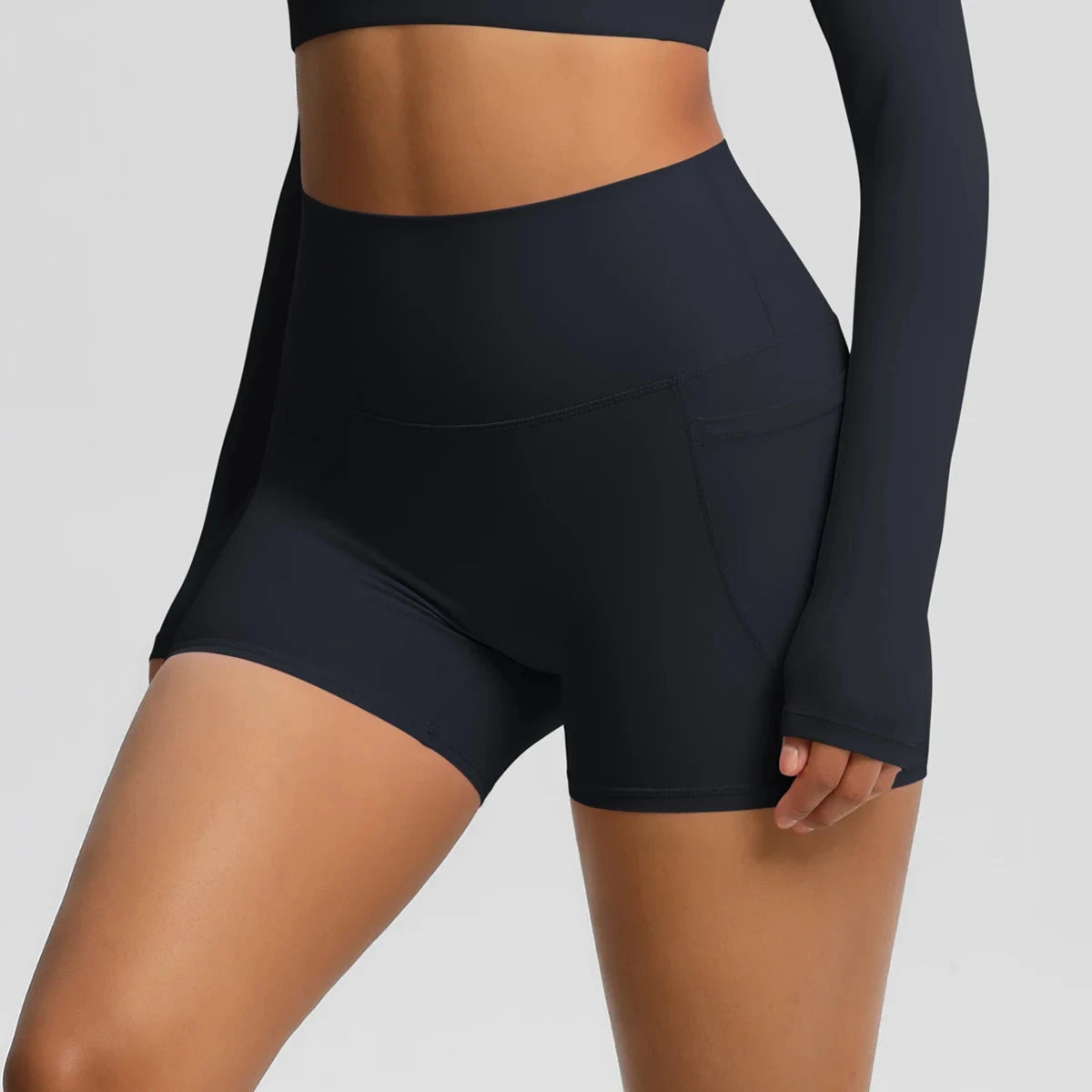 High-waisted bicycle yoga pants with pockets, quick-drying breathable workout shorts for women, by The Clothing Company Sydney.