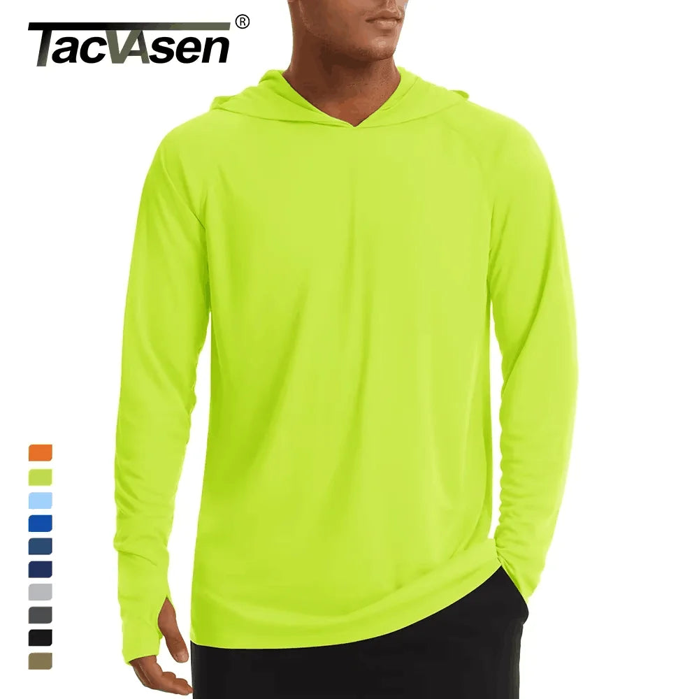 Men's UPF 50+ hooded T-shirt by The Clothing Company Sydney, quick-dry long sleeve outdoor sports hoodie for running and sun protection.