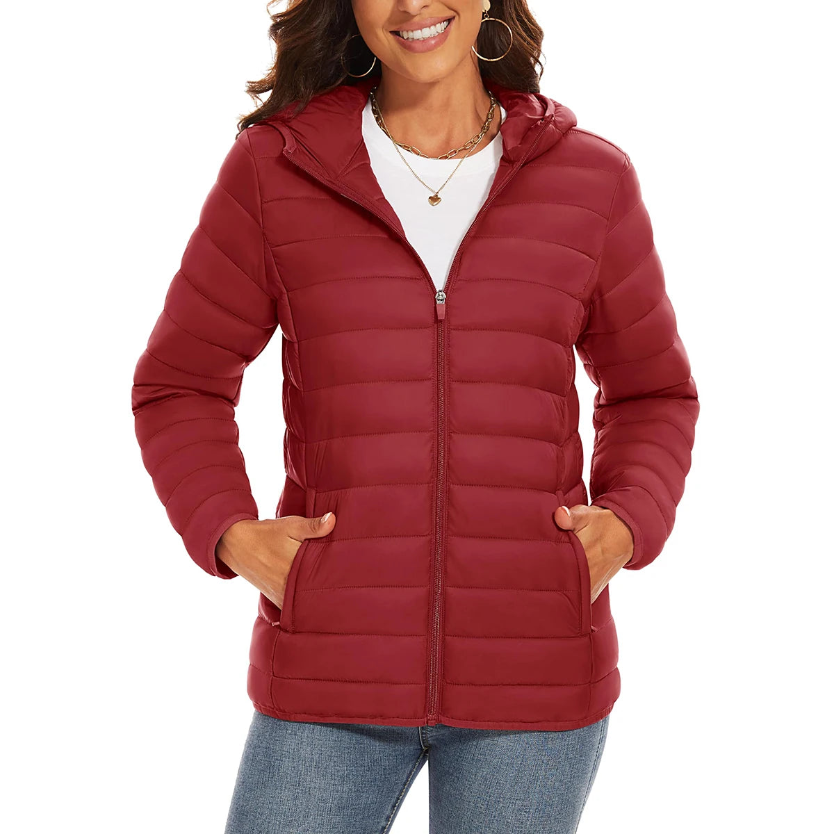 Women's quilted puffer jacket with hood, multiple pockets, waterproof winter coat, lightweight down-filled parka by The Clothing Company Sydney