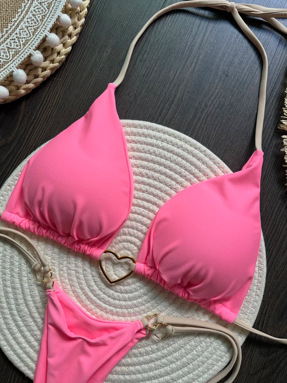 Solid color halter bikini set for women, two-piece swimsuit with triangle top and thong bottom, from The Clothing Company Sydney.
