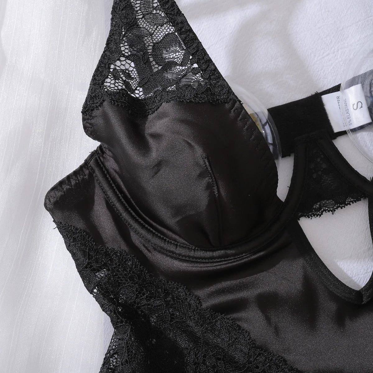 Deep-V neck satin lingerie slip dress with lace patchwork and split design, women's nightwear by The Clothing Company Sydney.