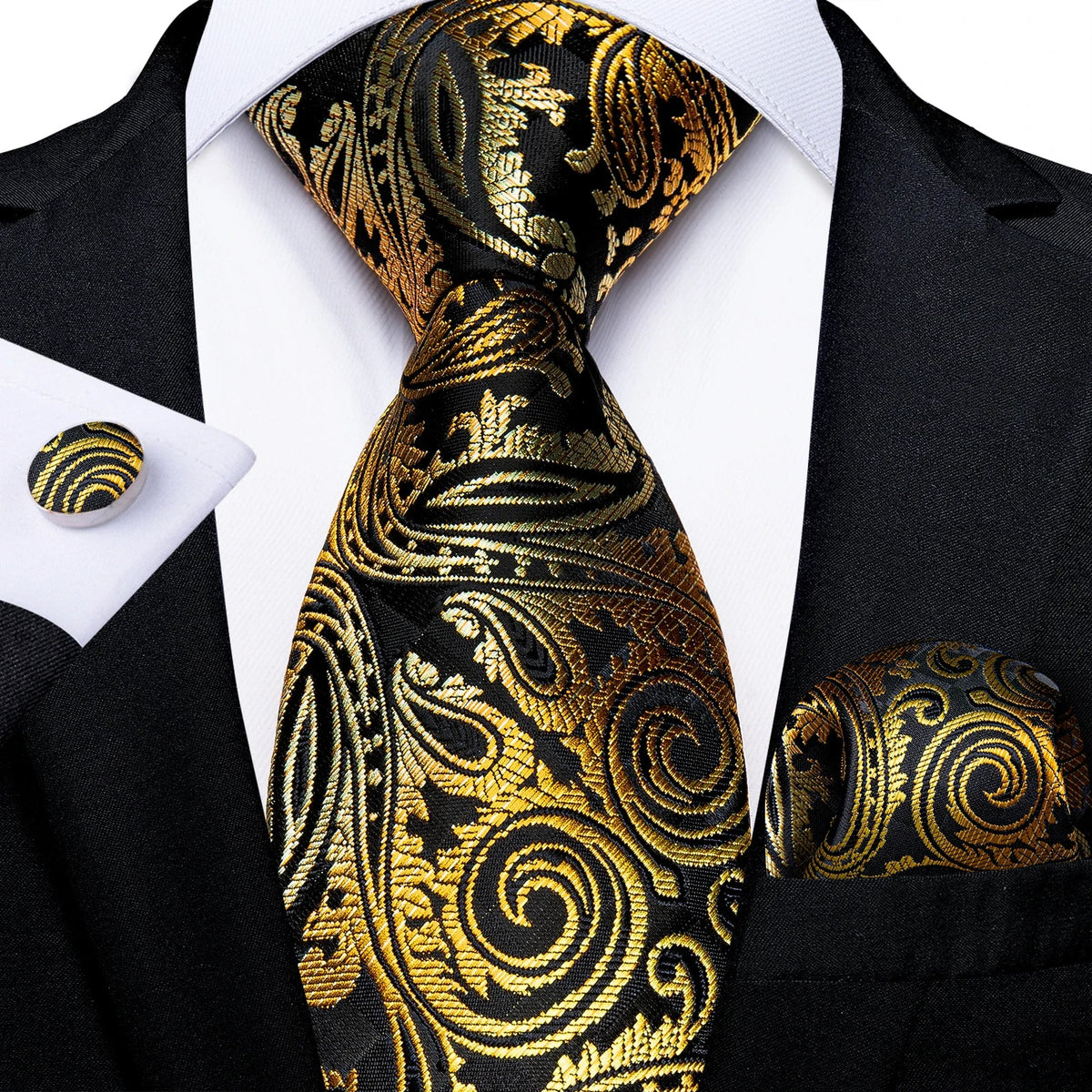 Luxury black and gold paisley silk tie set with matching pocket square and cufflinks, stylish men's accessories by The Clothing Company Sydney