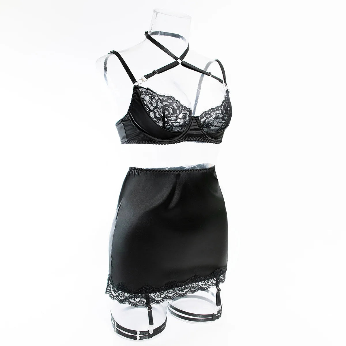 Lace lingerie set featuring halter bra, heart g-string, and garter belt from The Clothing Company Sydney.