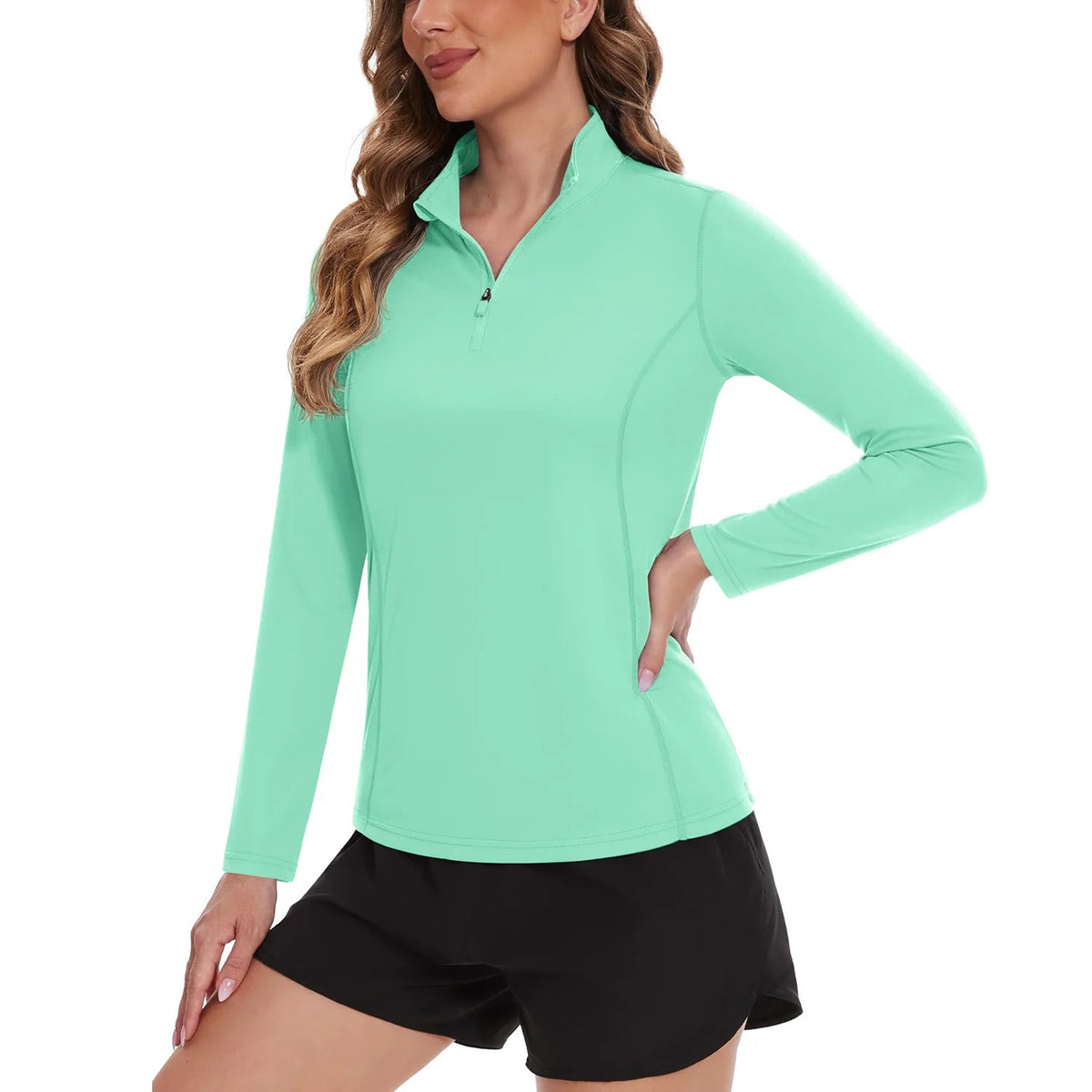 Women's UPF 50+ quick dry long sleeve sun protection shirt by The Clothing Company Sydney, suitable for running, hiking, and outdoor activities.
