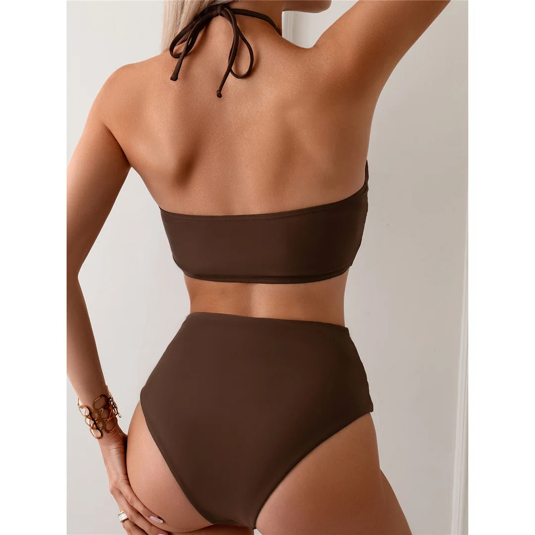 Halter high neck, wrinkled two-piece bikini set by The Clothing Company Sydney featuring high waist swimwear for women.