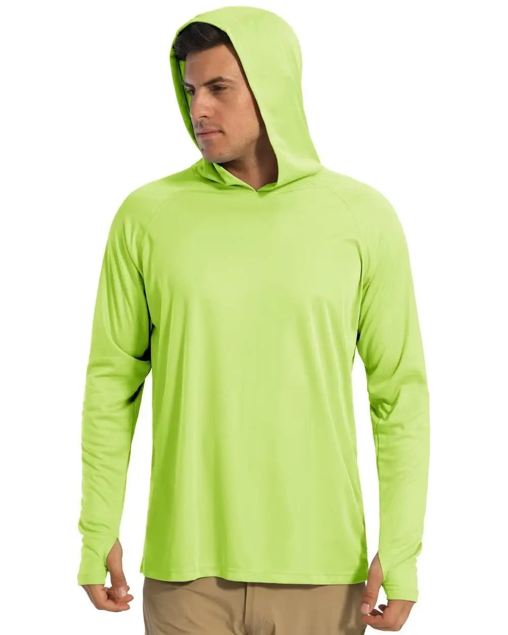 Men's UPF 50+ hooded T-shirt by The Clothing Company Sydney, quick-dry long sleeve shirt with sun protection for outdoor sports.