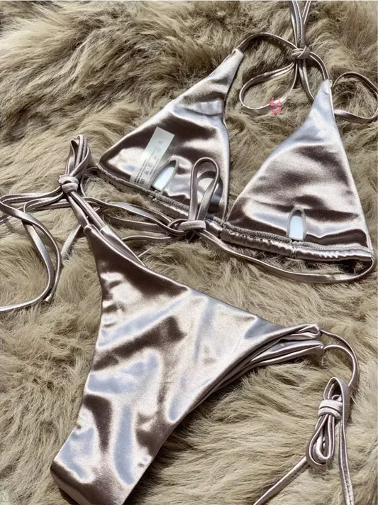 2 Piece Halter Brazilian Metallic Satin Swimwear Swimsuit Two-piece Bikini Set High Cut Bathing Suit Beachwear