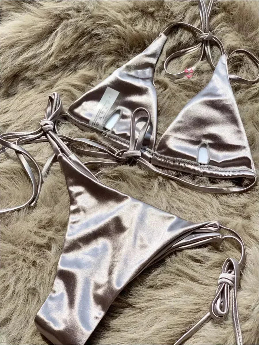 Two-piece Brazilian metallic satin halter swimsuit by The Clothing Company Sydney, high-cut bikini set for beachwear.