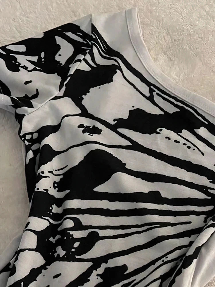 Off-shoulder summer women's T-shirt from The Clothing Company Sydney with aesthetic print, short sleeves, front bow, and cotton fabric.