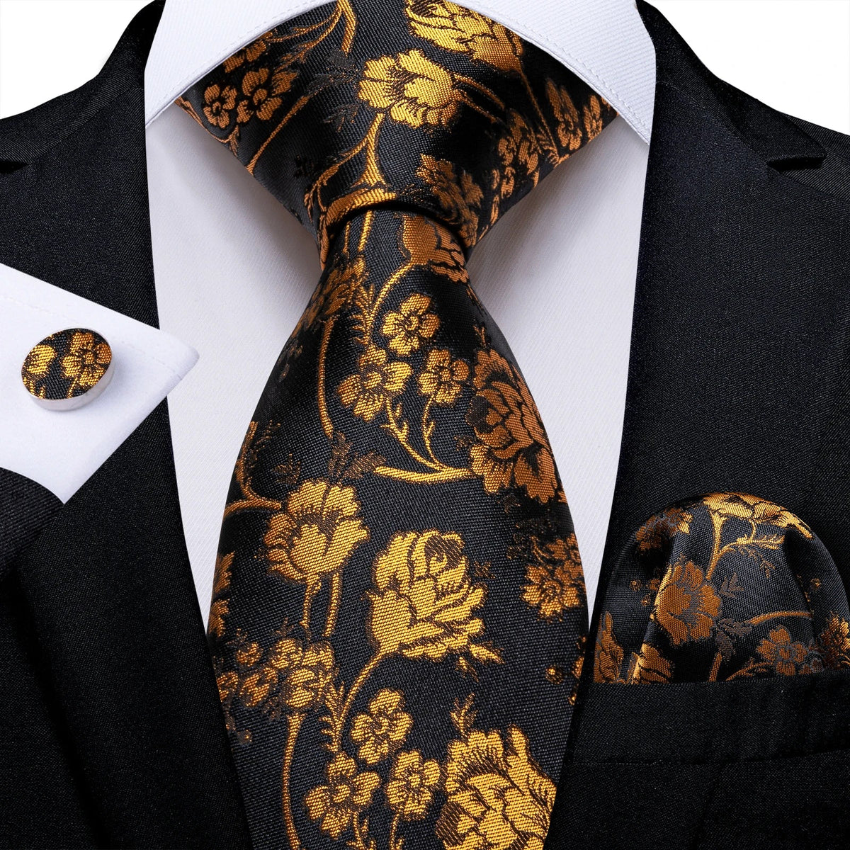 Luxury black and gold paisley silk tie set with men's necktie, pocket square, and cufflinks from The Clothing Company Sydney.