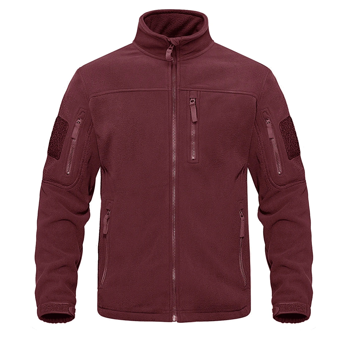 Men's green tactical fleece jacket with full zip, thermal lining, multiple pockets, and windbreaker design for outdoor activities.