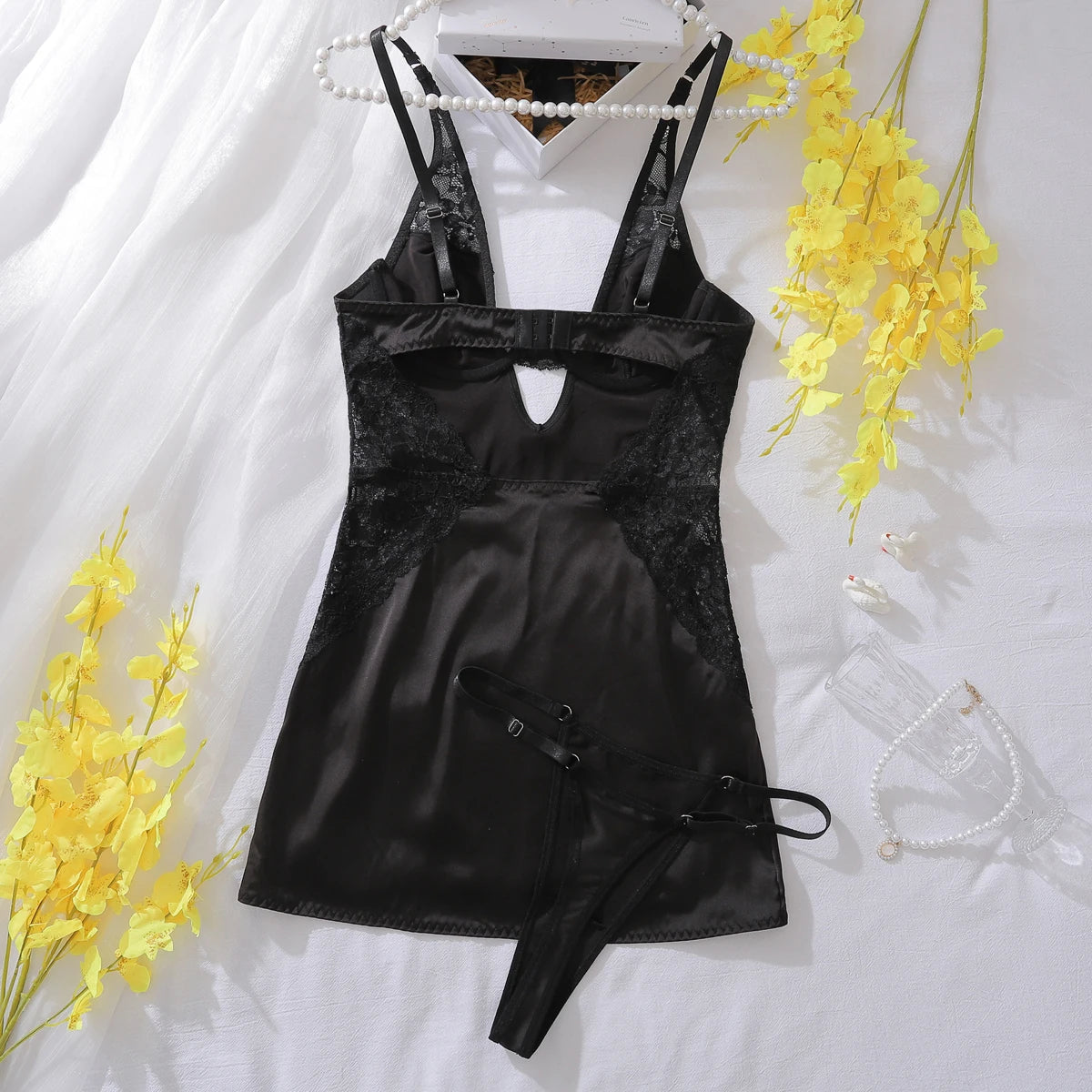 Deep-V neck satin lingerie slip dress with lace patchwork and split design, stylish nightwear for women by The Clothing Company Sydney