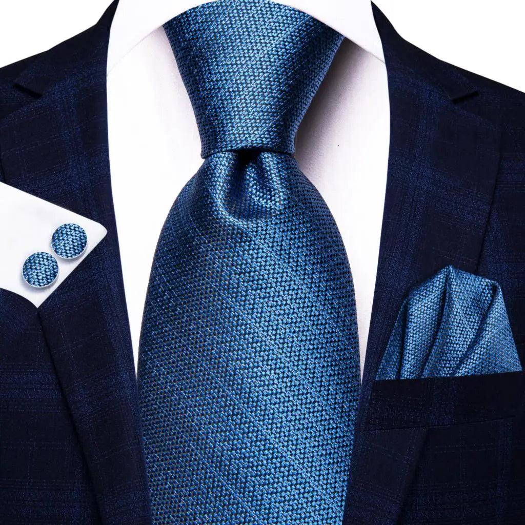 Blue paisley silk tie set with matching cufflinks and handkerchief, stylish men's accessories by The Clothing Company Sydney.