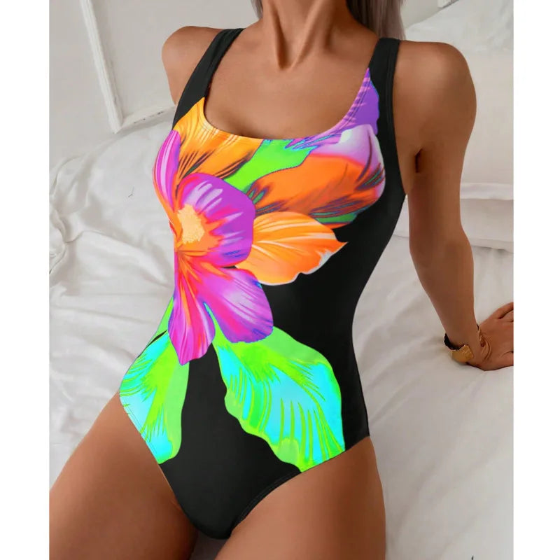 Summer print one-piece swimsuit for women by The Clothing Company Sydney, featuring a push-up design and vibrant beachwear style.